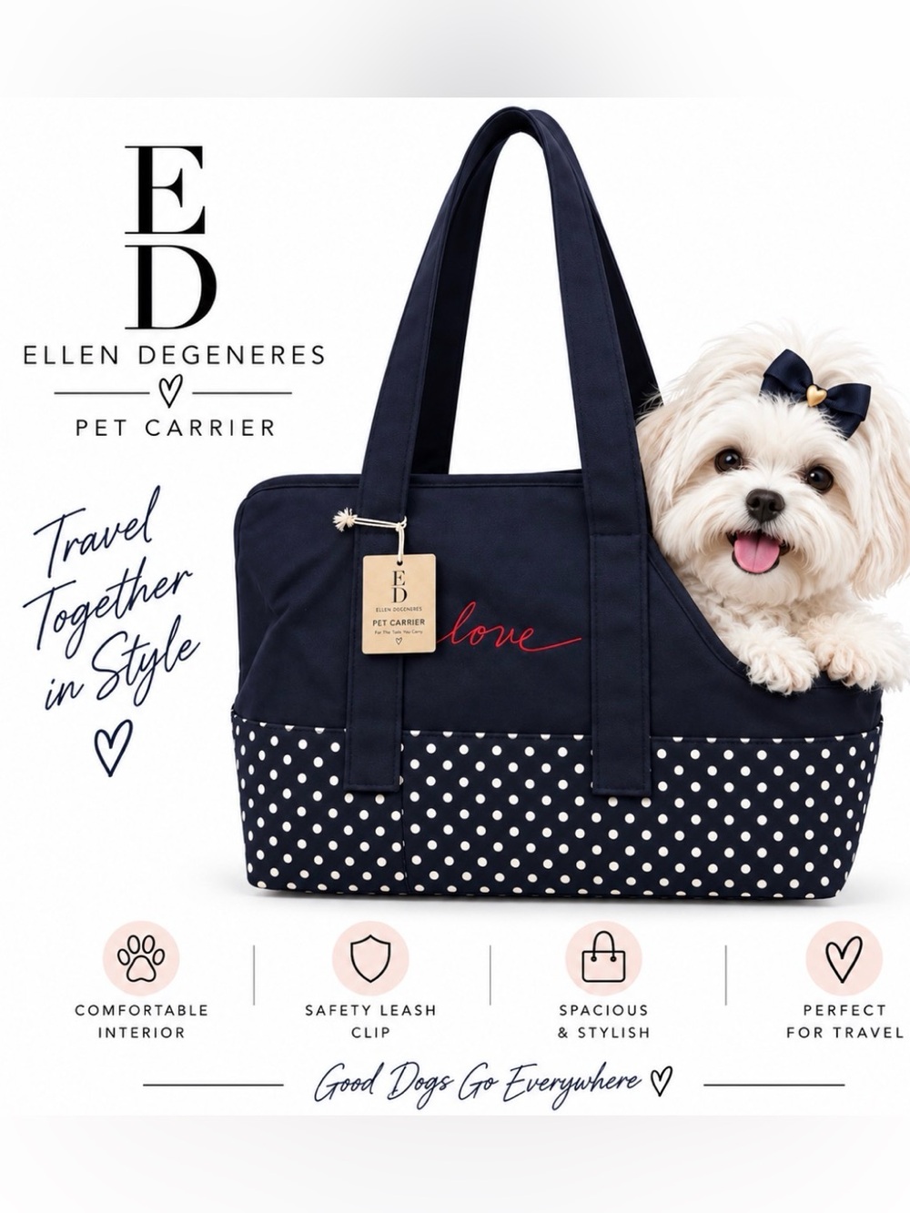 Ellen Degeneres Navy Polka Dot Pet Carrier Tote with Red 'love' Accent